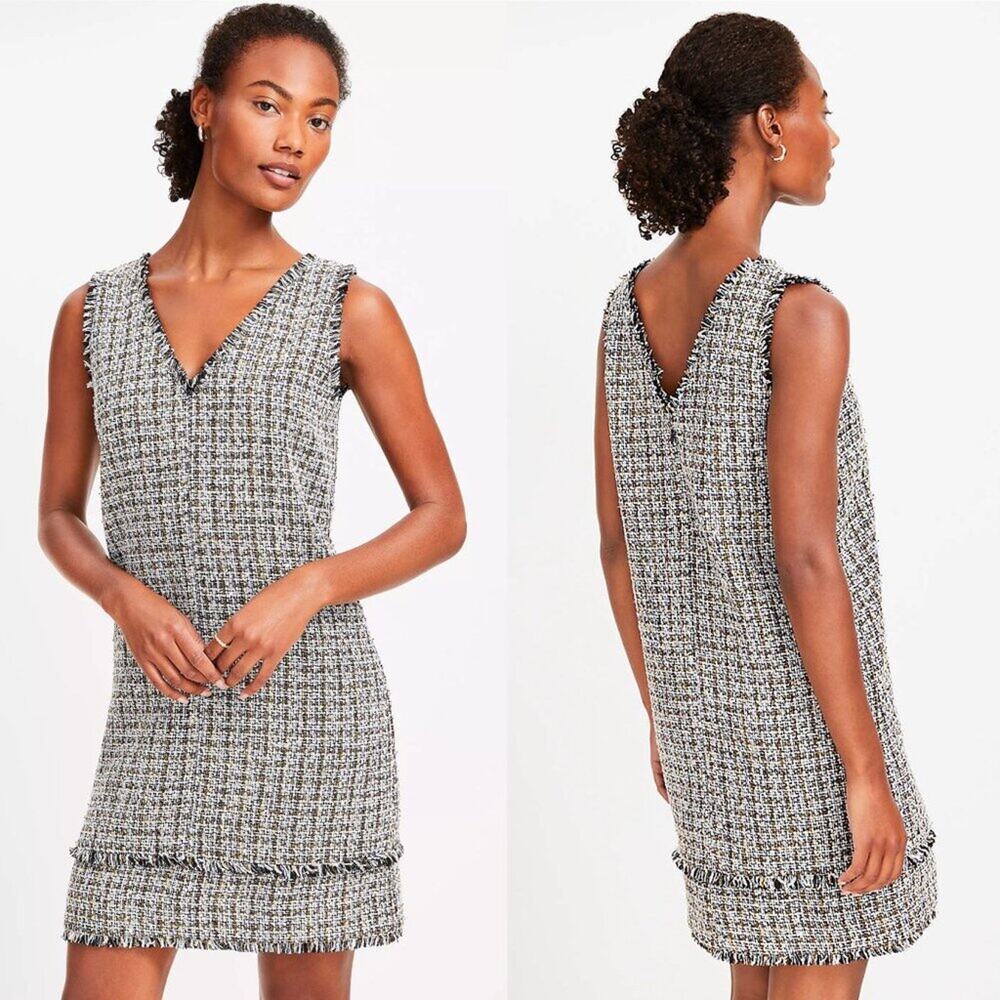 NWT LOFT White/Navy/Metallic Gold Tweed Shift Dress 12P Sleeveless V-Neck Fringe